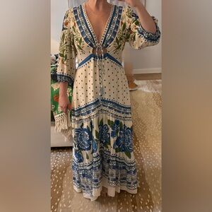 FARM Rio Cream Maxi Dress with Blue & Green Floral Print